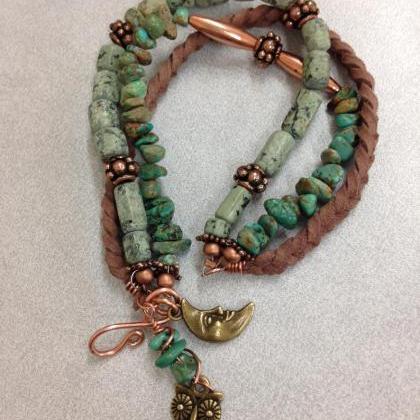 Triple Strand Turquoise Leather And Copper..