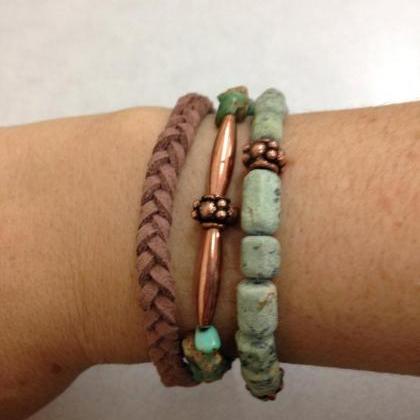 Triple Strand Turquoise Leather And Copper..