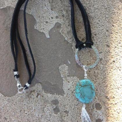 Turquoise Stone Pendent,silver Tassel, Leather..
