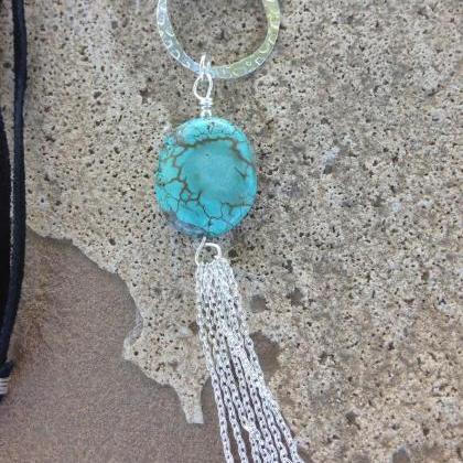 Turquoise Stone Pendent,silver Tassel, Leather..
