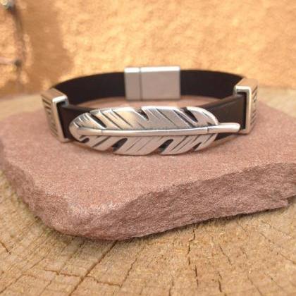Flat Leather Bracelet Feather Bead And Metal..