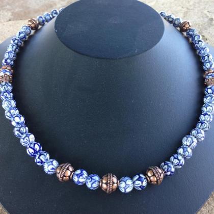 Chinese Porcelain Beaded Necklace/ Copper Necklace