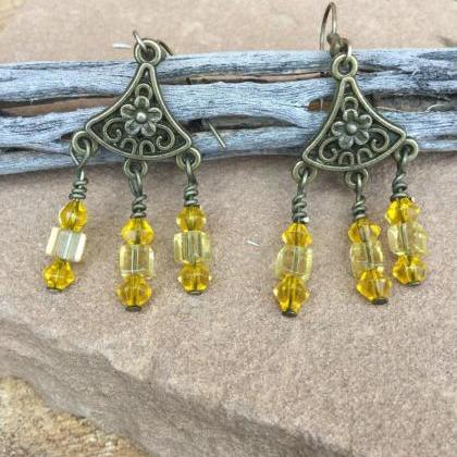 Antique Brass Chandelier Yellow Glass Bead..