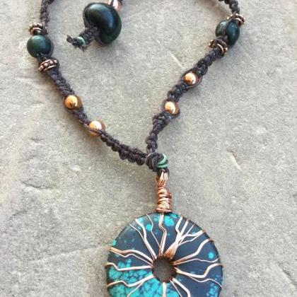 Macreme Necklace And Copper Wrapped Turquise Donut..