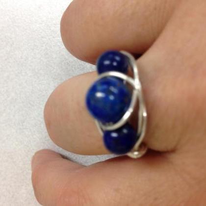 Beaded Silver Wire Wrapped Lapis Lazuli Ring