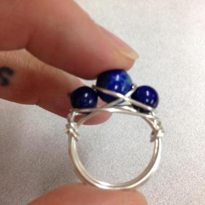 Beaded Silver Wire Wrapped Lapis Lazuli Ring