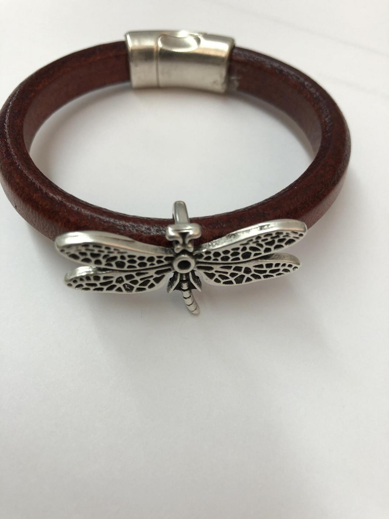 Oval Leather Dragonfly Cuff With Magnetic Clasp