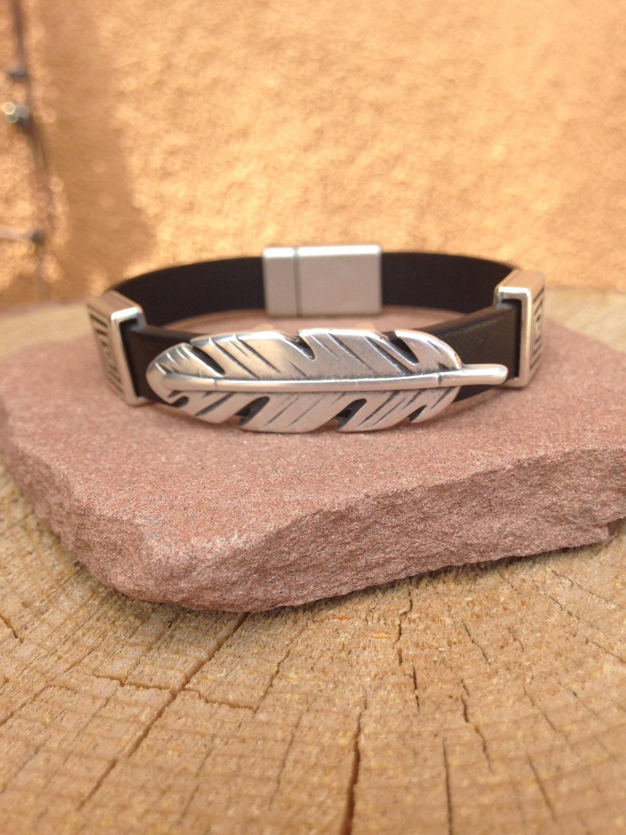 Flat Leather Bracelet Feather Bead And Metal Magnetic Clasp