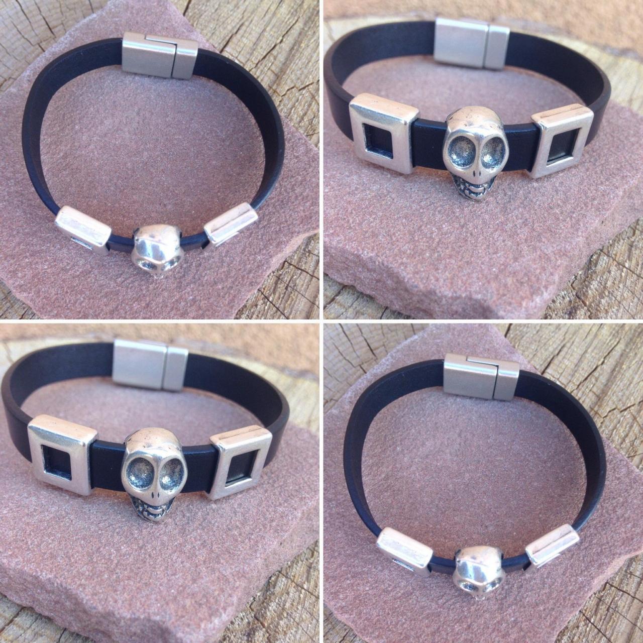 Flat Leather Bracelet Sterling Silver Beads And Magnetic Clasp