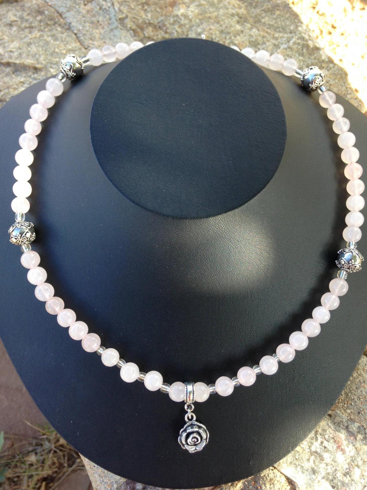 Rose Quartz Beads And Sterling Silver Bead Necklace