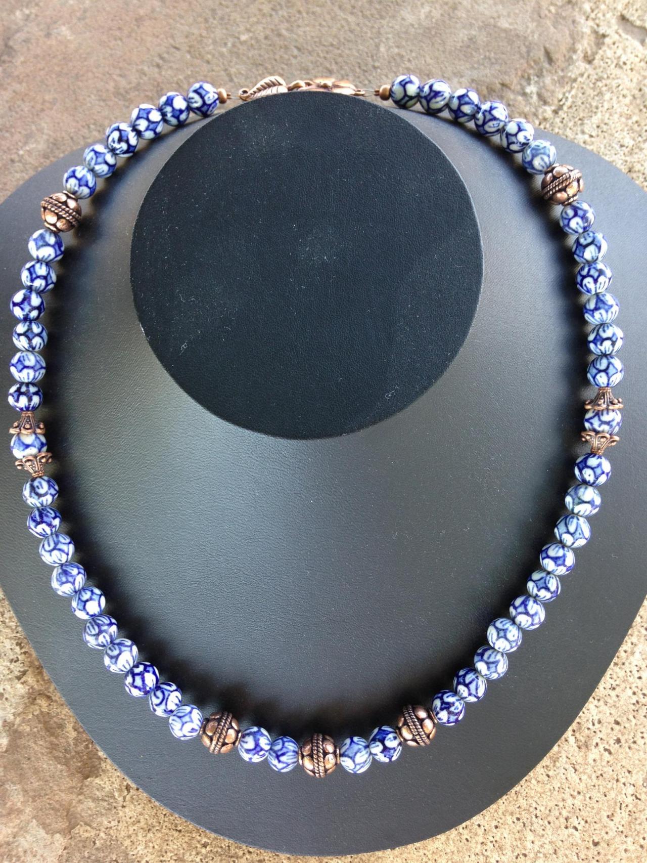 Chinese Porcelain Beaded Necklace/ Copper Necklace