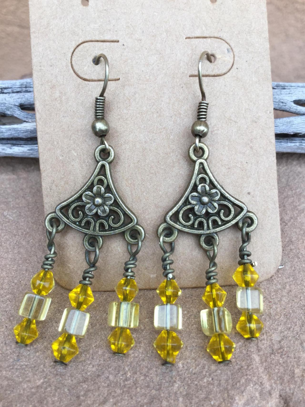 Antique Brass Chandelier Yellow Glass Bead Earrings