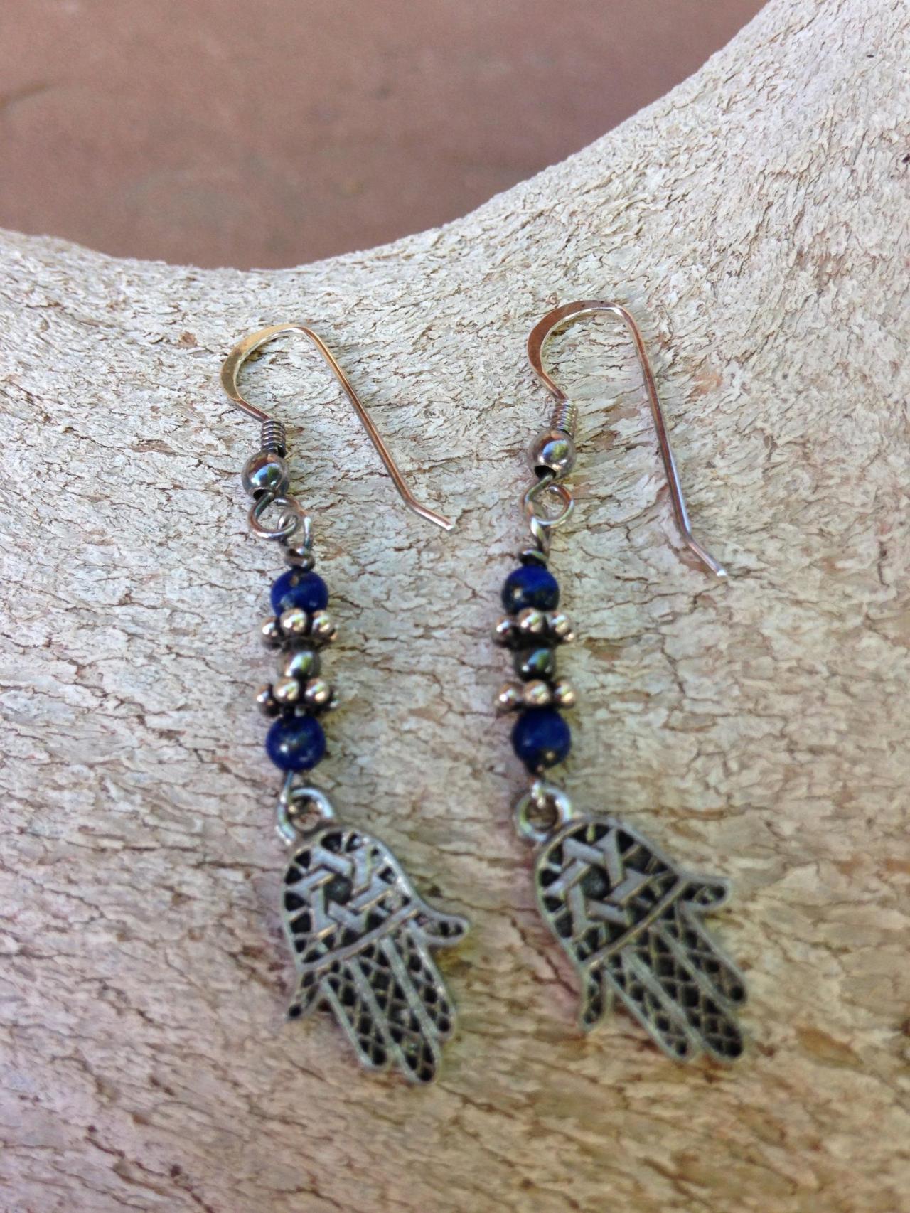 1 1/4" Drop Dangle Lapis Lazuli Earrings/lapis Earrings/ Lapis Jewelry/hand Of Hamsa