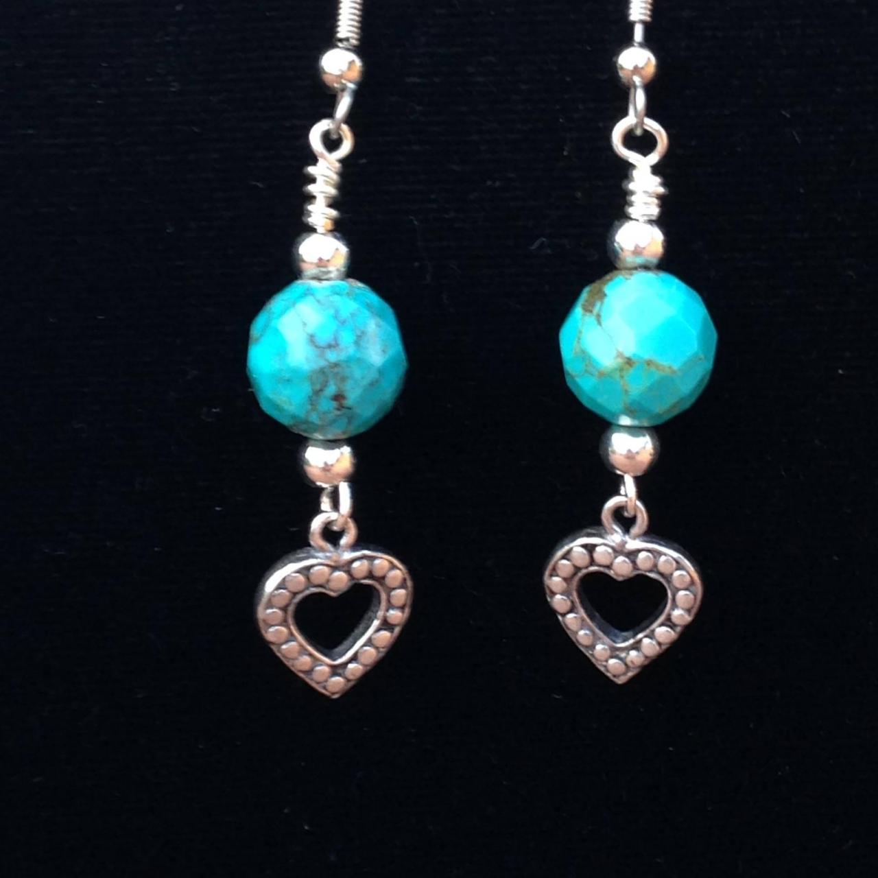 1 1/2" Drop Dangle Turquoise And Sterling Silver Heart Earrings