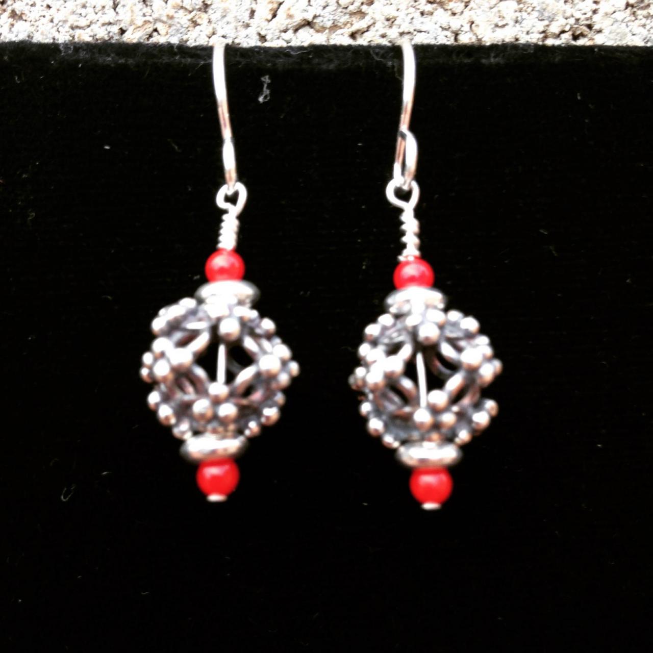 1" Silver And Coral Beaded Drop Heart Earrings