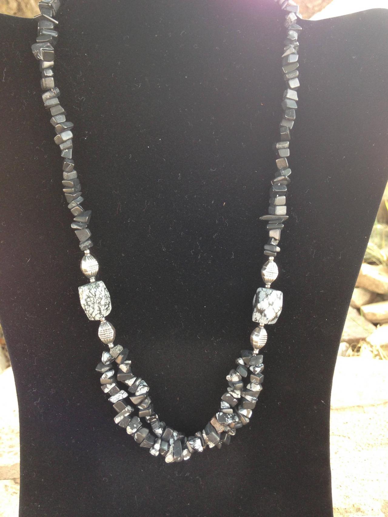 21" Handmade Beaded Necklace/ Snowflake Obsidian Beaded Necklace/ Obsidian Beaded Necklace/ Silver Beaded Necklace/beaded Jewelry