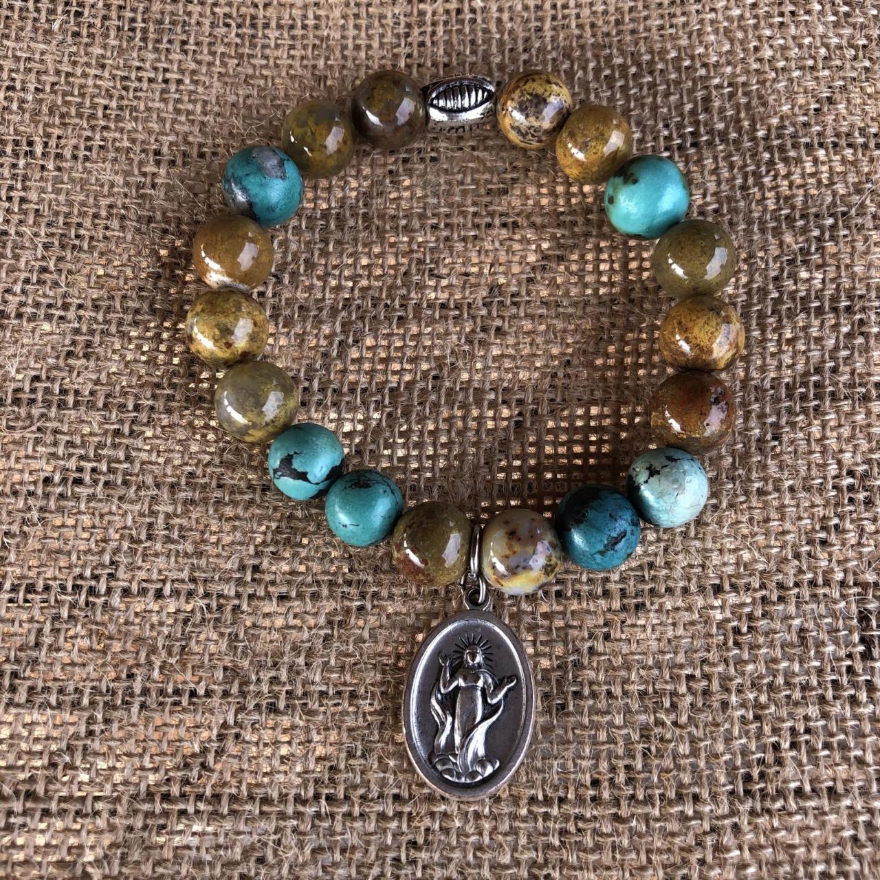 Immaculate Mary Beaded Turquoise And Jasper Beaded Bracelet