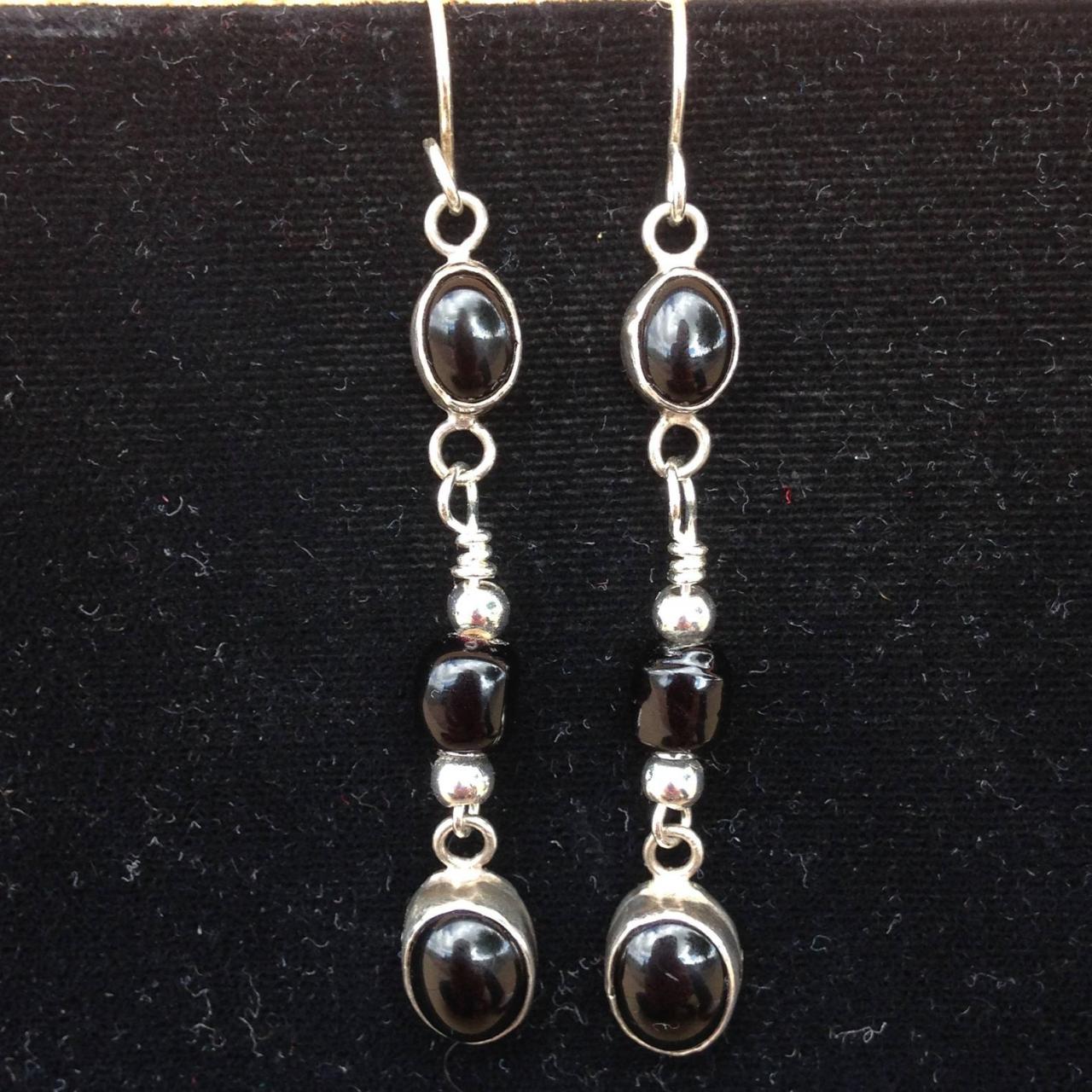 Handcrafted Jewelry/handcrafted Earrings/ 2 1/2" Long Onyx Cabochon Drop Earrings