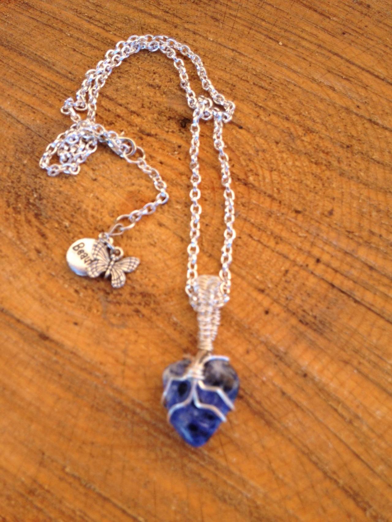 Sodalite Stone Wire Wrapped Pendant On Silver Chain