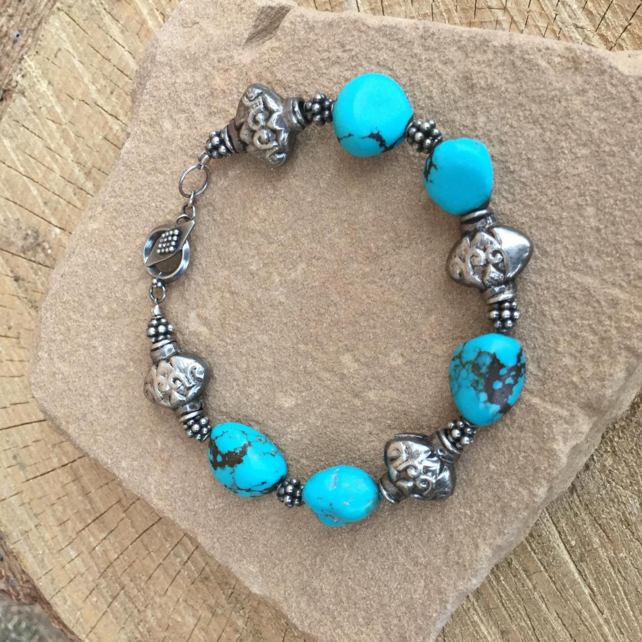 7 3/4" Chunky Turquoise Beaded Bracelet With Silver Toggle Clasp/turquoise Bracelet/southwest Jewelry/turquoise Jewelry