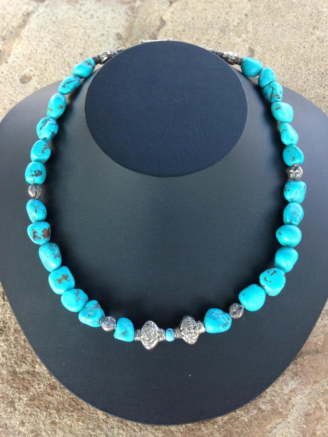 19" Turquoise And Silver Necklace With Silver Toggle Closure/turquoise Necklace/turquoise Jewelry