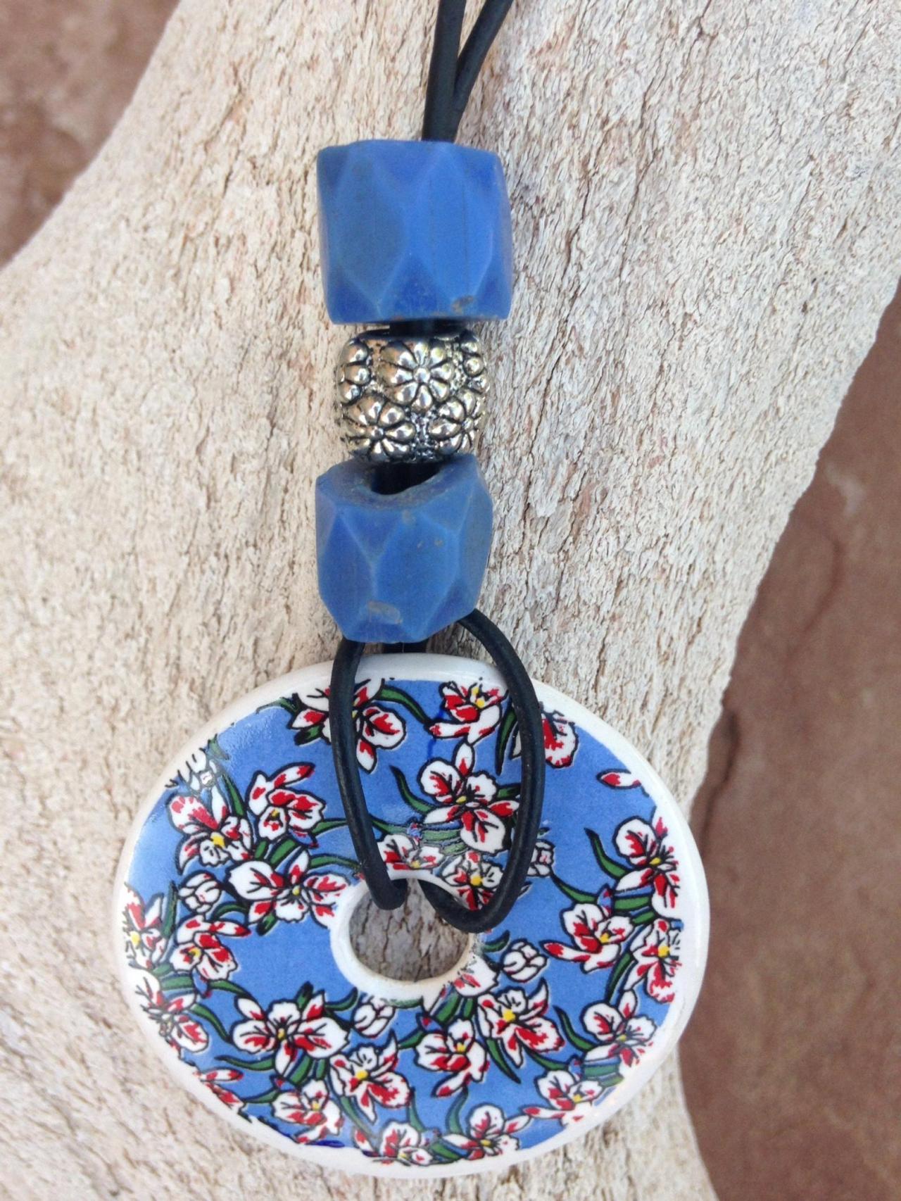 Leather Necklace/bohemian Jewelry/ Boho Necklace/ 20" 1.5 Mm Leather Cord Necklace With 1 3/4" Detailed Ceramic Floral