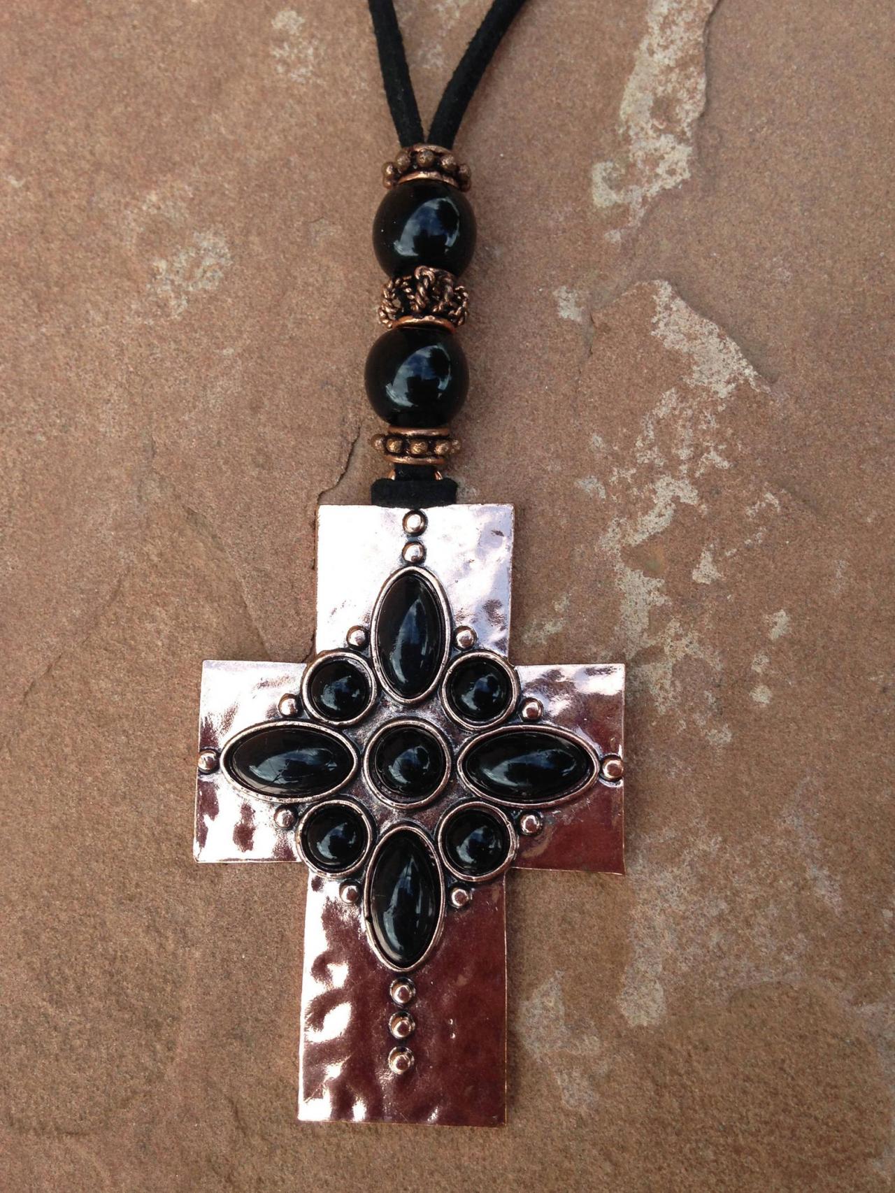18" Fabric Cord With A Copper Like Metal Cross Pendant Embellished With Black Plastic Cabochons And A Copper S Clasp Closure