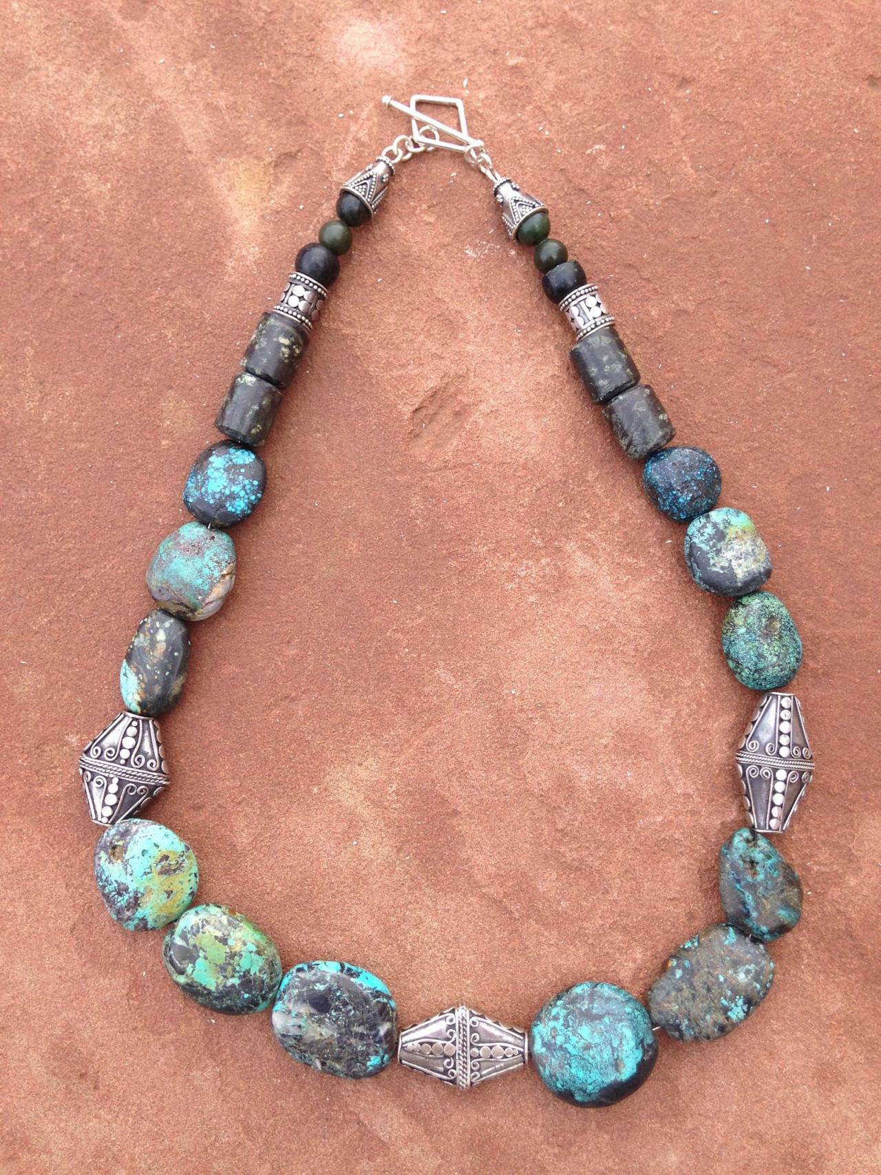 22" Chunky Turquoise And Silver Necklace/ Statement Necklace/turquoise Statement Necklace