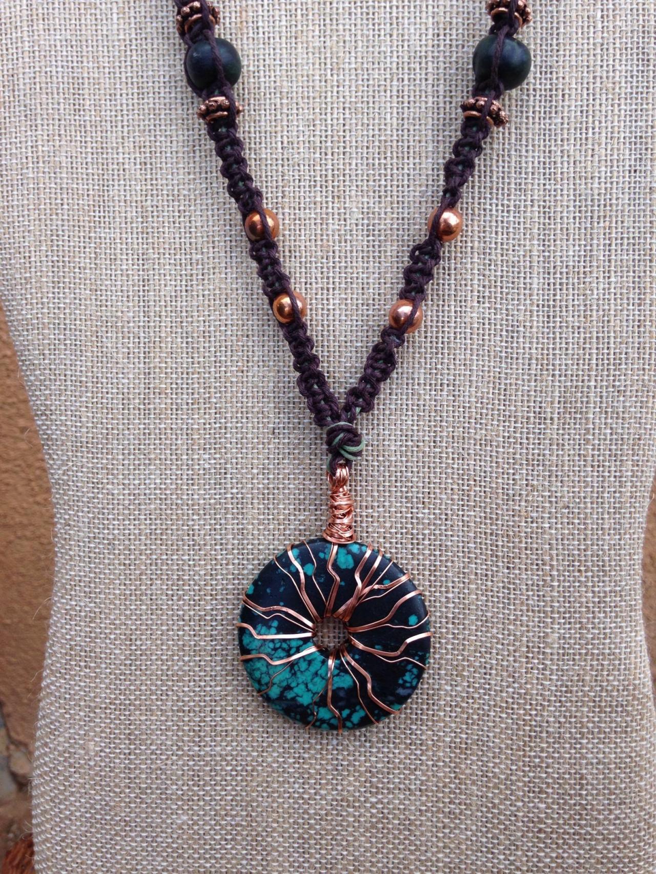 Macreme Necklace And Copper Wrapped Turquise Donut Pendant