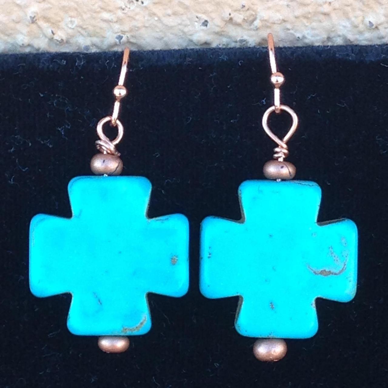 Turquoise howlite cross on copper ear wires, or silver ear wires/copper earrings/southwest collection/southwest jewelry