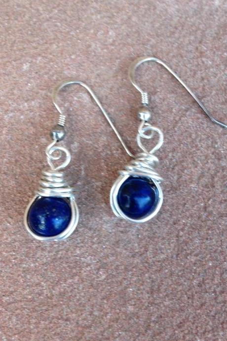 Lapis bead drop wire wrap earrings