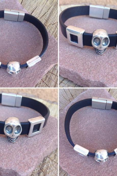 Flat Leather Bracelet Sterling Silver Beads And Magnetic Clasp