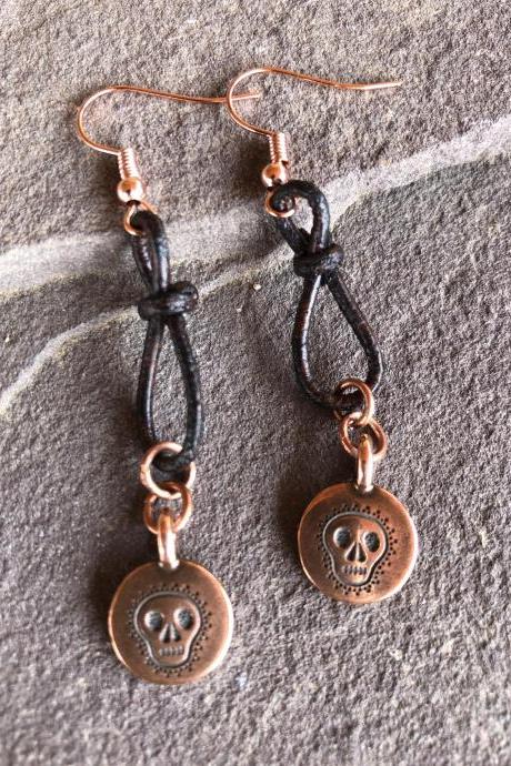 Copper Sugar Skull/ Calavera Leather Infinity Loop Earrings