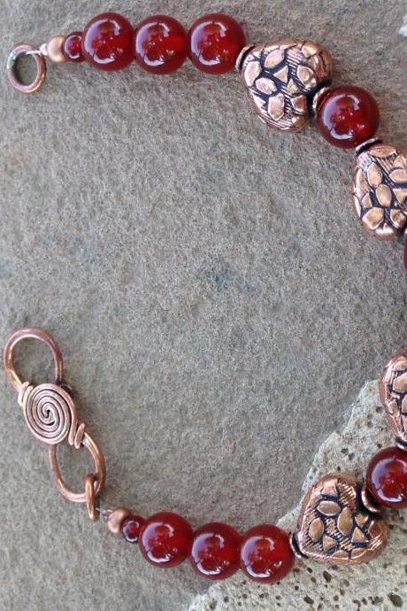 8' Carnelian and Copper Bracelet/Carnelian beaded bracelet/Copper beaded bracelet/Copper Jewelry/Carnelian Jewelry/Boho Jewelry