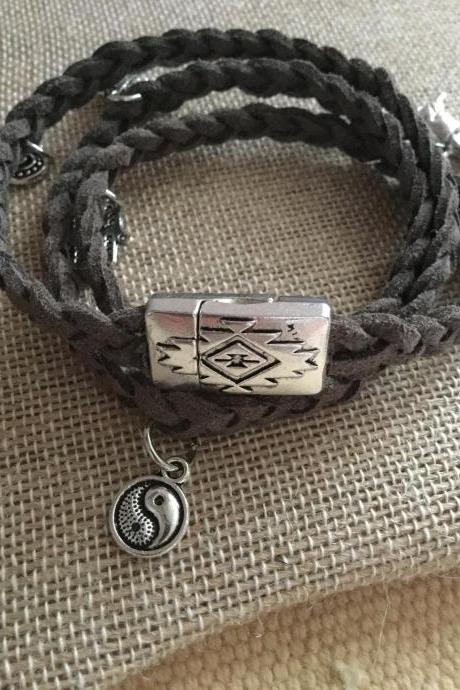 Triple wrap leather braided charm bracelet