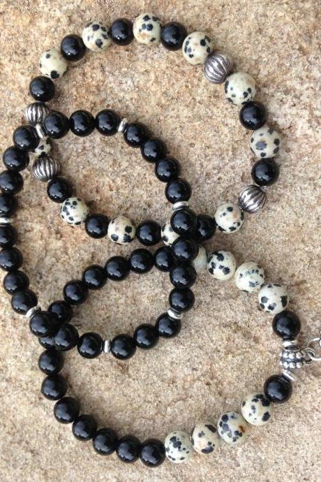 Set of 3 Dalmatian Jasper and Onyx stack able bracelet/Onyx bracelets/ Jasper bracelets/ stack bracelets/ stack jewelry/stretch bracelets