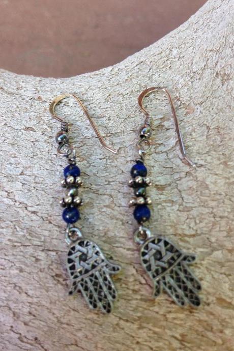 1 1/4' drop dangle lapis lazuli earrings/lapis earrings/ lapis jewelry/hand of hamsa