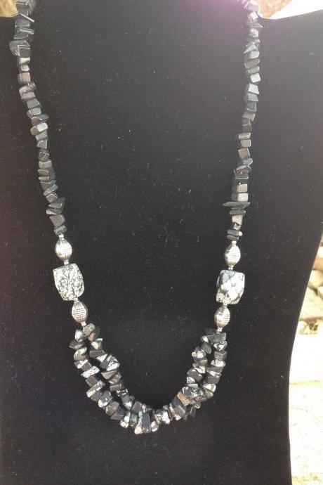 21' Handmade beaded necklace/ snowflake obsidian beaded necklace/ obsidian beaded necklace/ silver beaded necklace/beaded jewelry