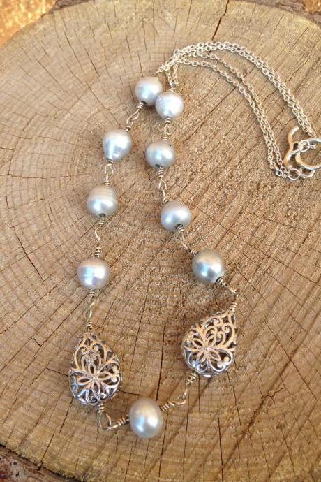 Freshwater pearl and sterling silver chain necklace-Freshwater Pearl Jewelry