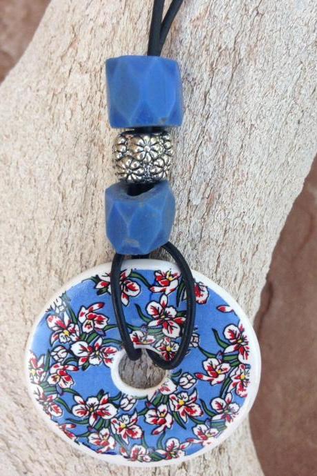 Leather necklace/Bohemian jewelry/ boho necklace/ 20' 1.5 mm leather cord necklace with 1 3/4' detailed ceramic floral donut
