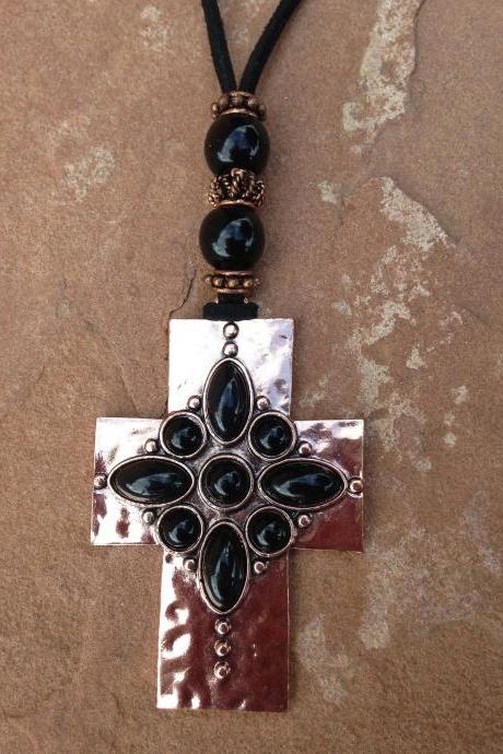 18&amp;amp;quot; Fabric Cord With A Copper Like Metal Cross Pendant Embellished With Black Plastic Cabochons And A Copper S Clasp Closure