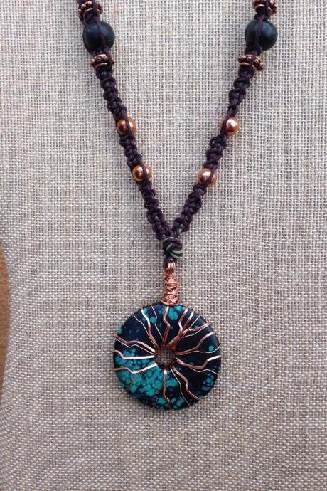 Macreme necklace and copper wrapped turquise donut pendant