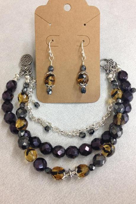 Fire polished glass bead triple strand bracelet and earring set